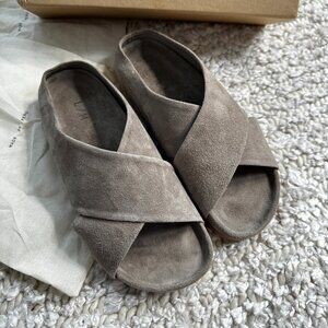 *NEW* Lauren Manoogian Suede Cross Slide Sandals Gray